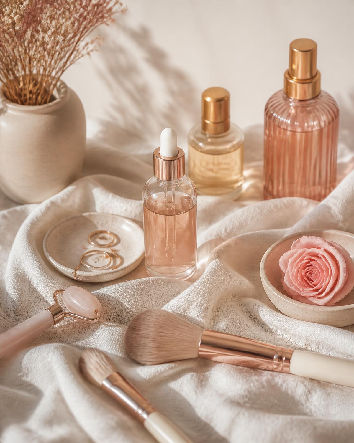 Produtos e acessórios de estética organizados sobre tecido claro